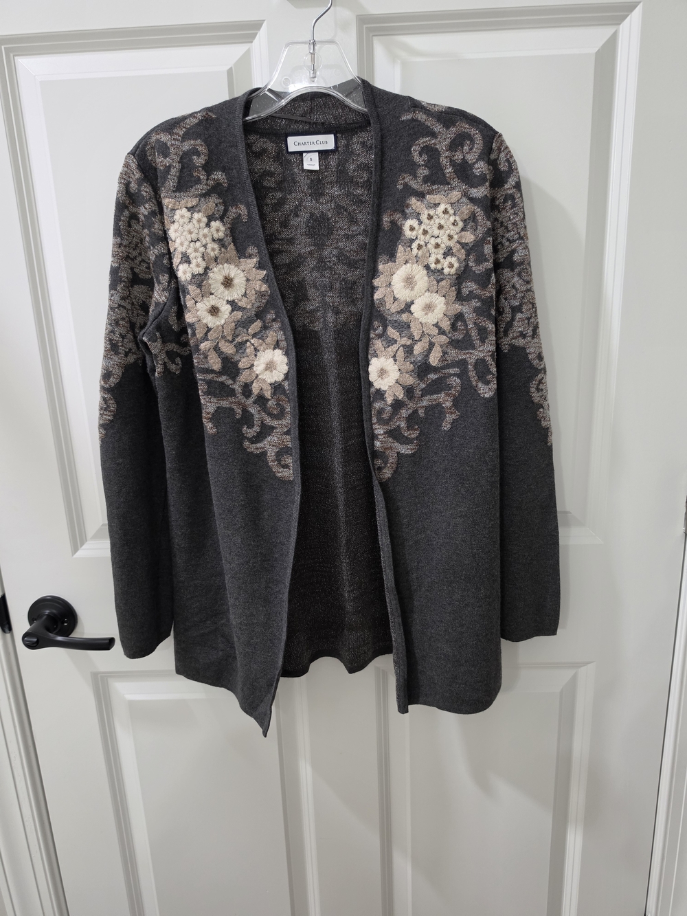 Charter Club Womens Gray Patterned Knit Embroidered Cardigan